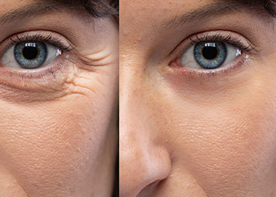 The image shows a close-up of a person s face with two different expressions, one showing fine lines and wrinkles, the other displaying smooth skin.
