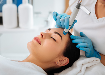 In the image, a woman is seated in a salon chair with her eyes closed while receiving a facial treatment. A professional appears to be applying a product or device to her face using a wand-like tool.
